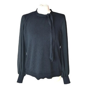 CECE || Crewneck Light Sweater Front Neck Tie Sheer Sleeve Black Size Large